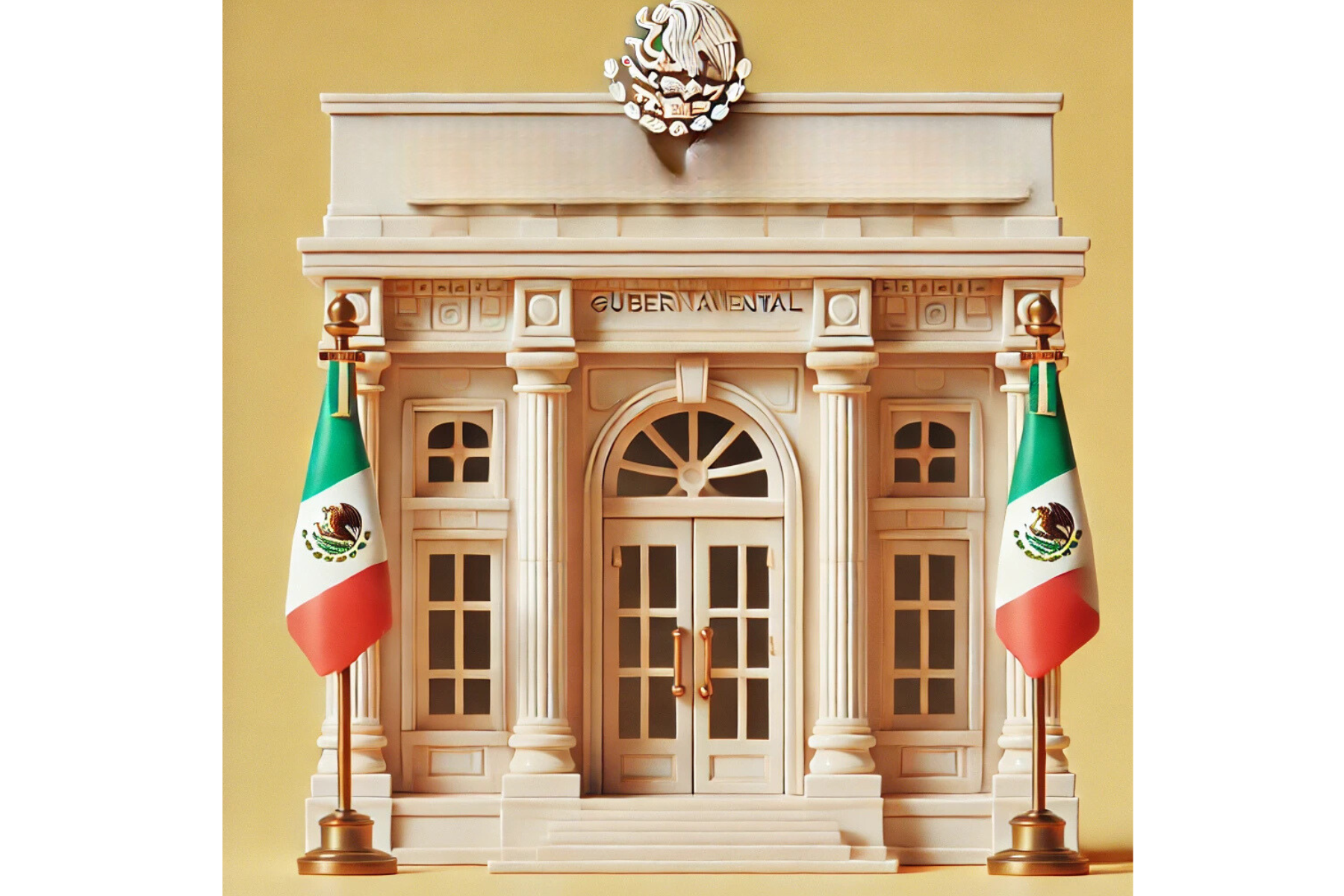 Fachada de una oficina gubernamental cerrada, con banderas mexicanas a los costados y un diseño institucional y sobrio que refleja tranquilidad y profesionalismo.