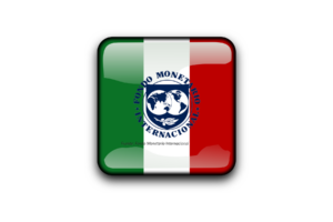 Bandera de México con el logo del FMI al centro.