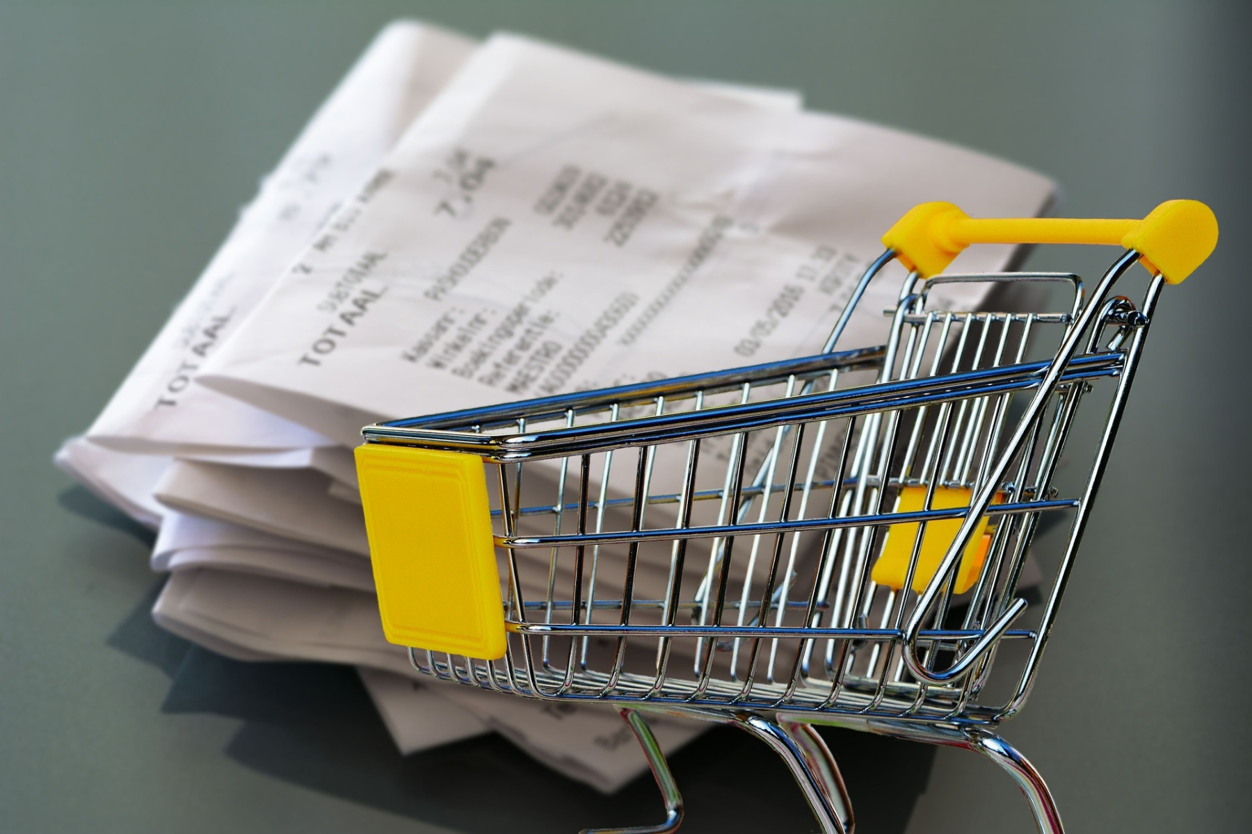 Imagen de un carrito de supermercado con un ticket de compra, simbolizando el consumo familiar y los precios de bienes y servicios.