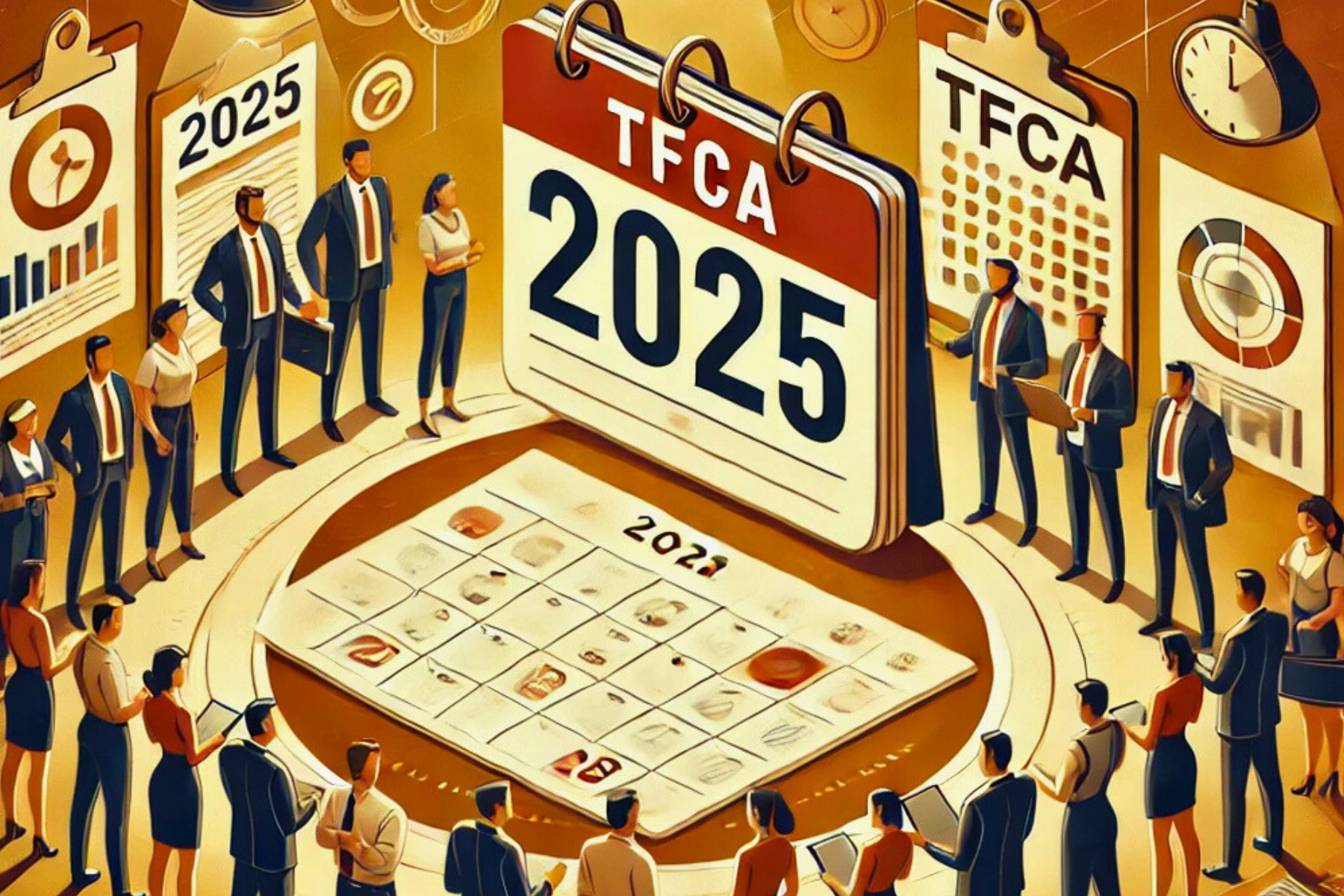 Ilustración de un grupo diverso de trabajadores junto a un calendario que destaca el año 2025 con las letras TFCA.