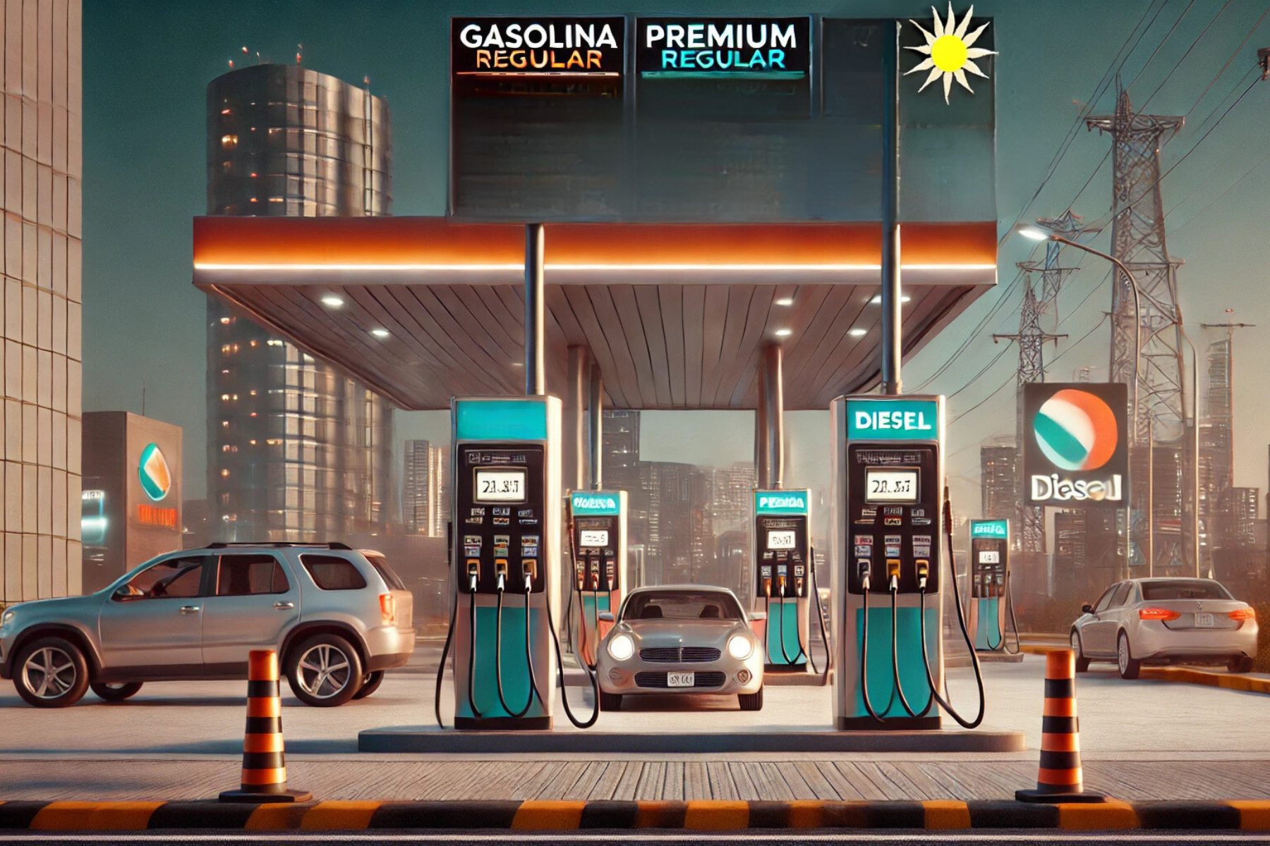 Ilustración digital de una estación de servicio en México con dispensadores de gasolina.