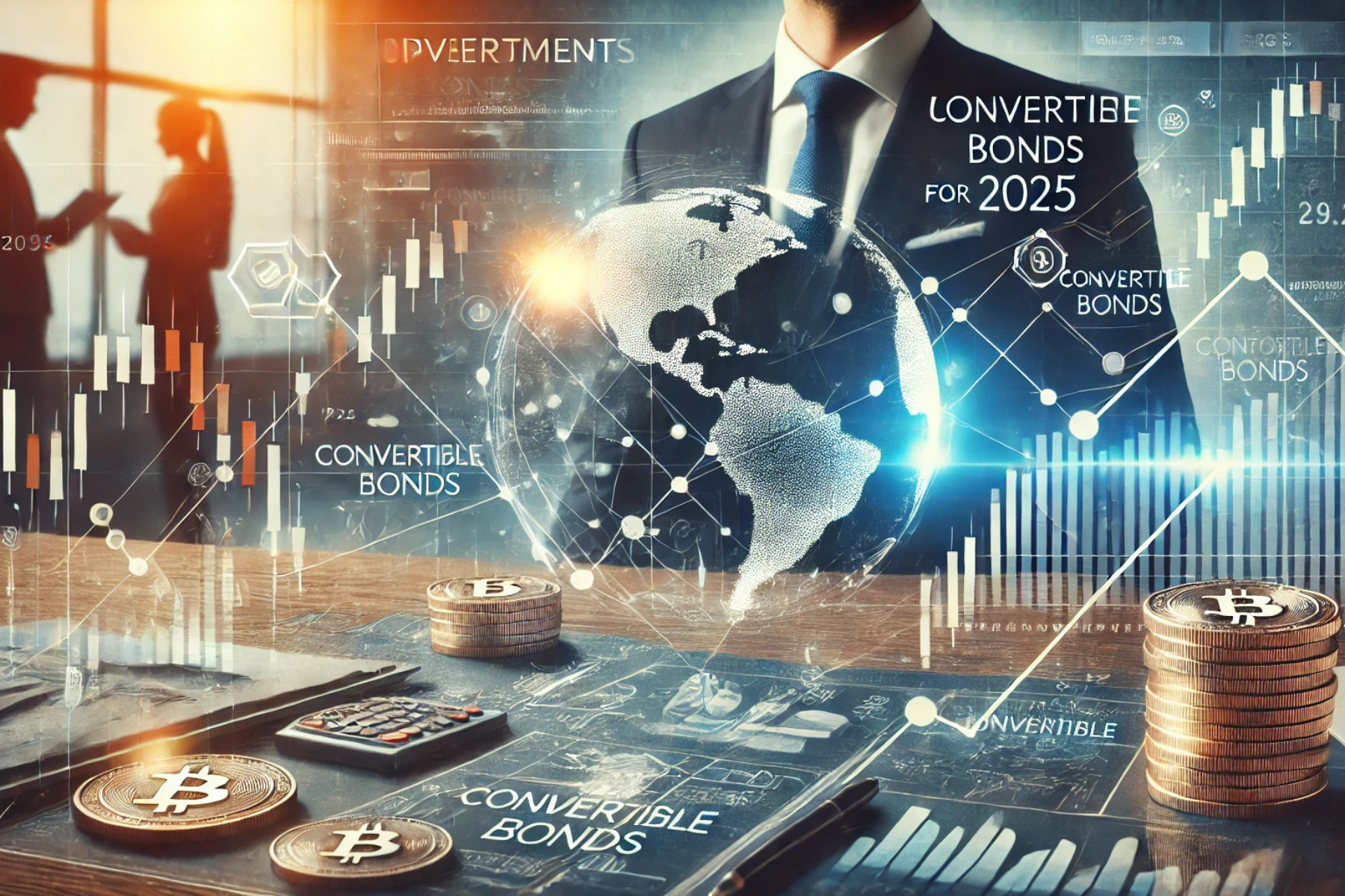 Gráfica ilustrativa que representa el concepto de inversión en bonos convertibles con gráficos y símbolos financieros.