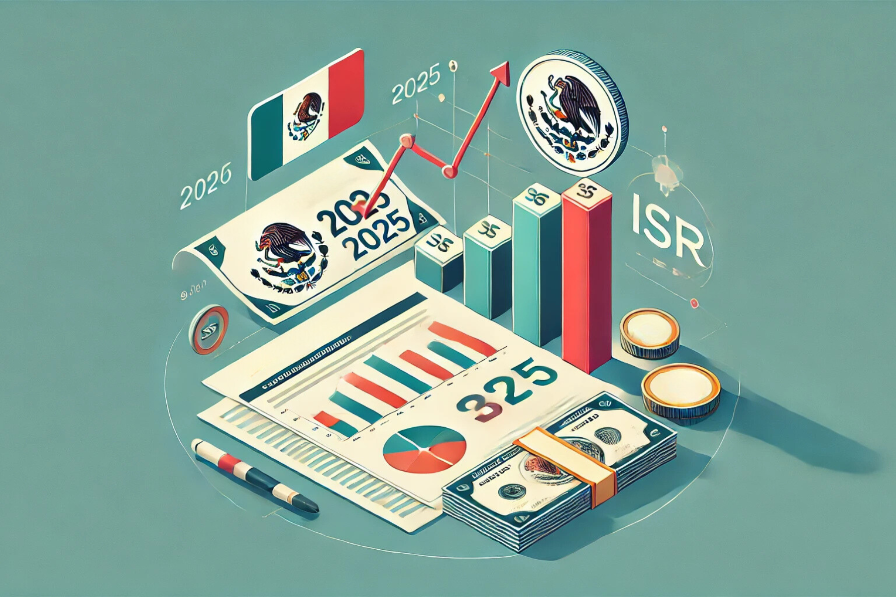 lustración que muestra billetes mexicanos, un gráfico de barras y documentos fiscales con la etiqueta "ISR", representando el impacto del aumento al salario mínimo en México en 2025.