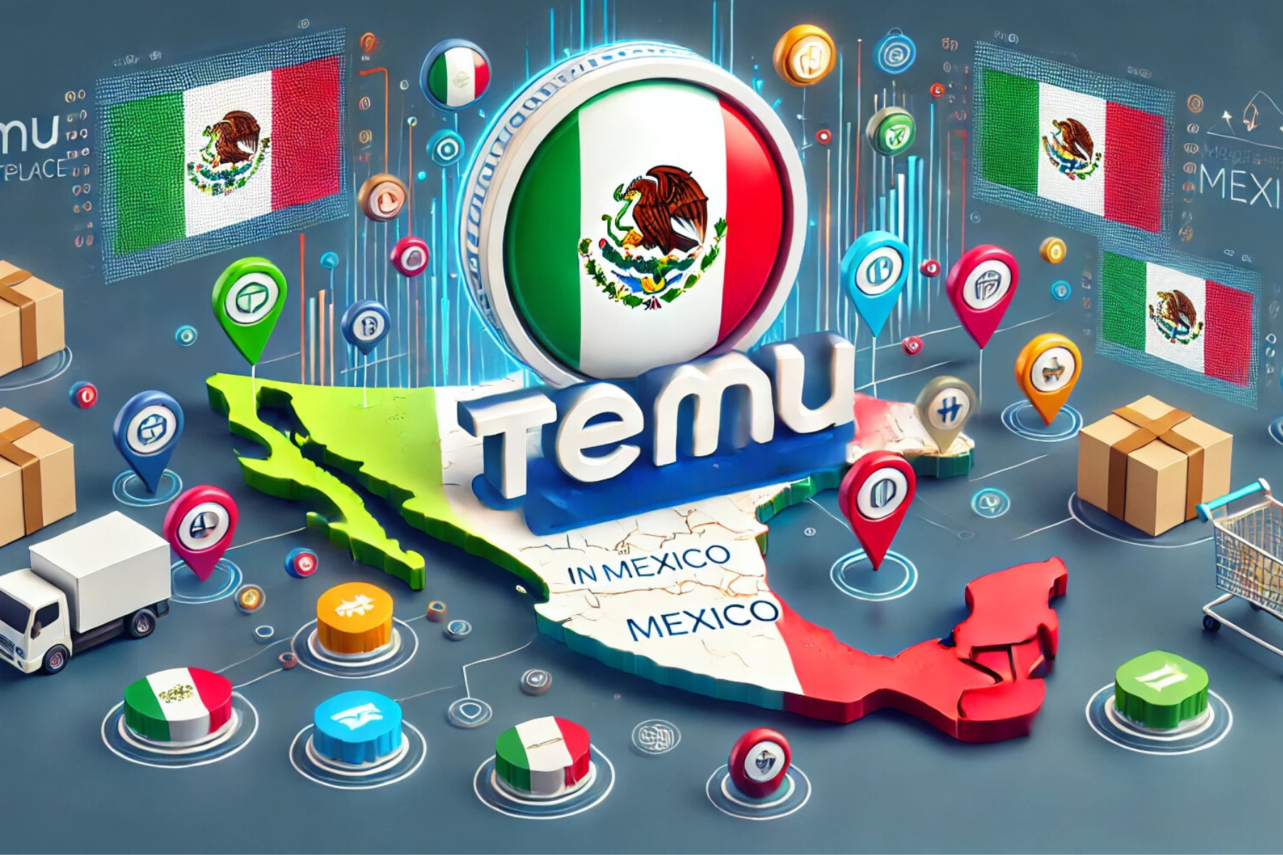 Ilustración digital del marketplace Temu expandiéndose en México, con el logo de Temu, un mapa de México y elementos de comercio electrónico.