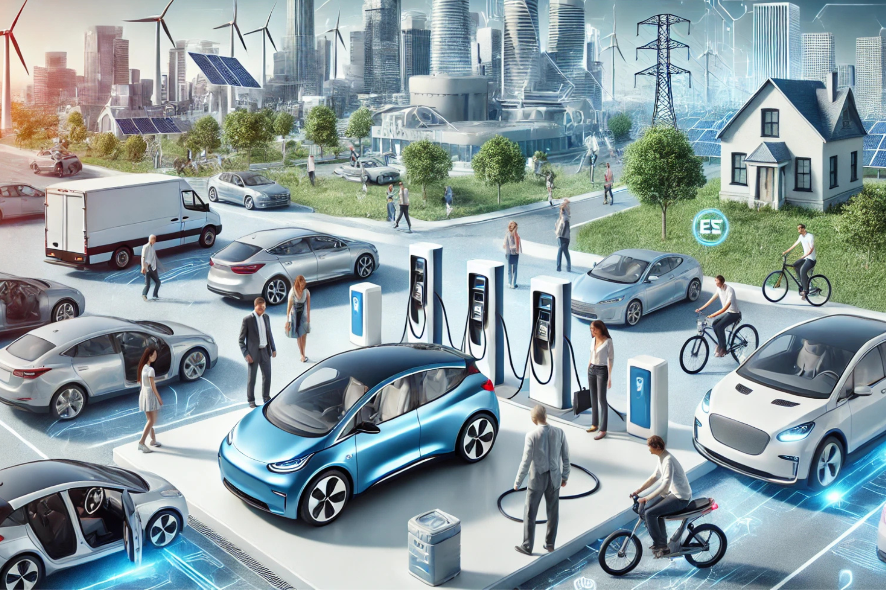 Ilustración hiperrealista de una ciudad futurista con autos eléctricos, estaciones de carga y personas interactuando, representando diversos estilos de vida y prioridades en el mercado de vehículos eléctricos.