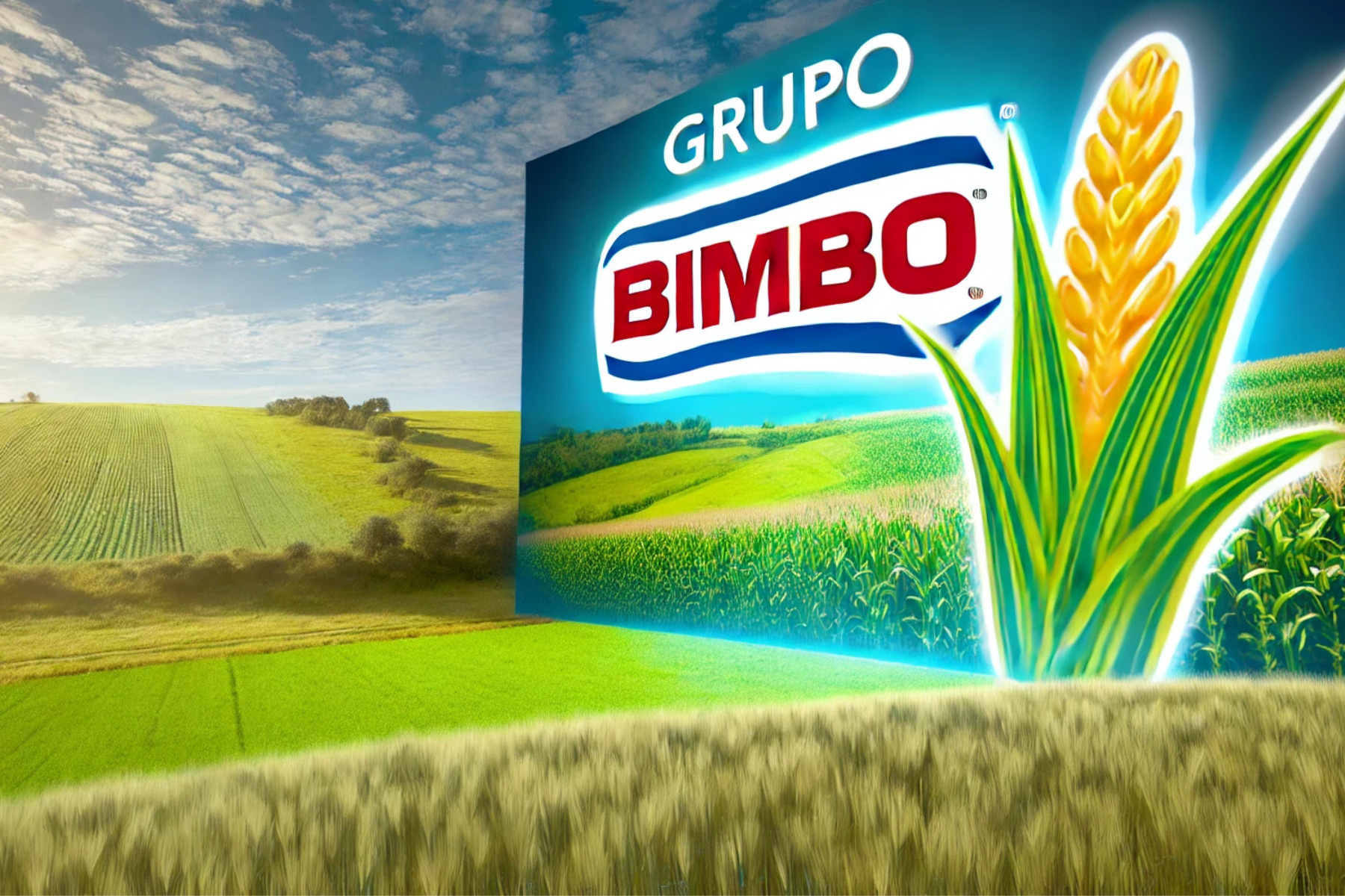 Ilustración digital de un campo agrícola con cultivos de trigo y maíz, bajo un cielo despejado, destacando el compromiso de Grupo Bimbo con la agricultura regenerativa.