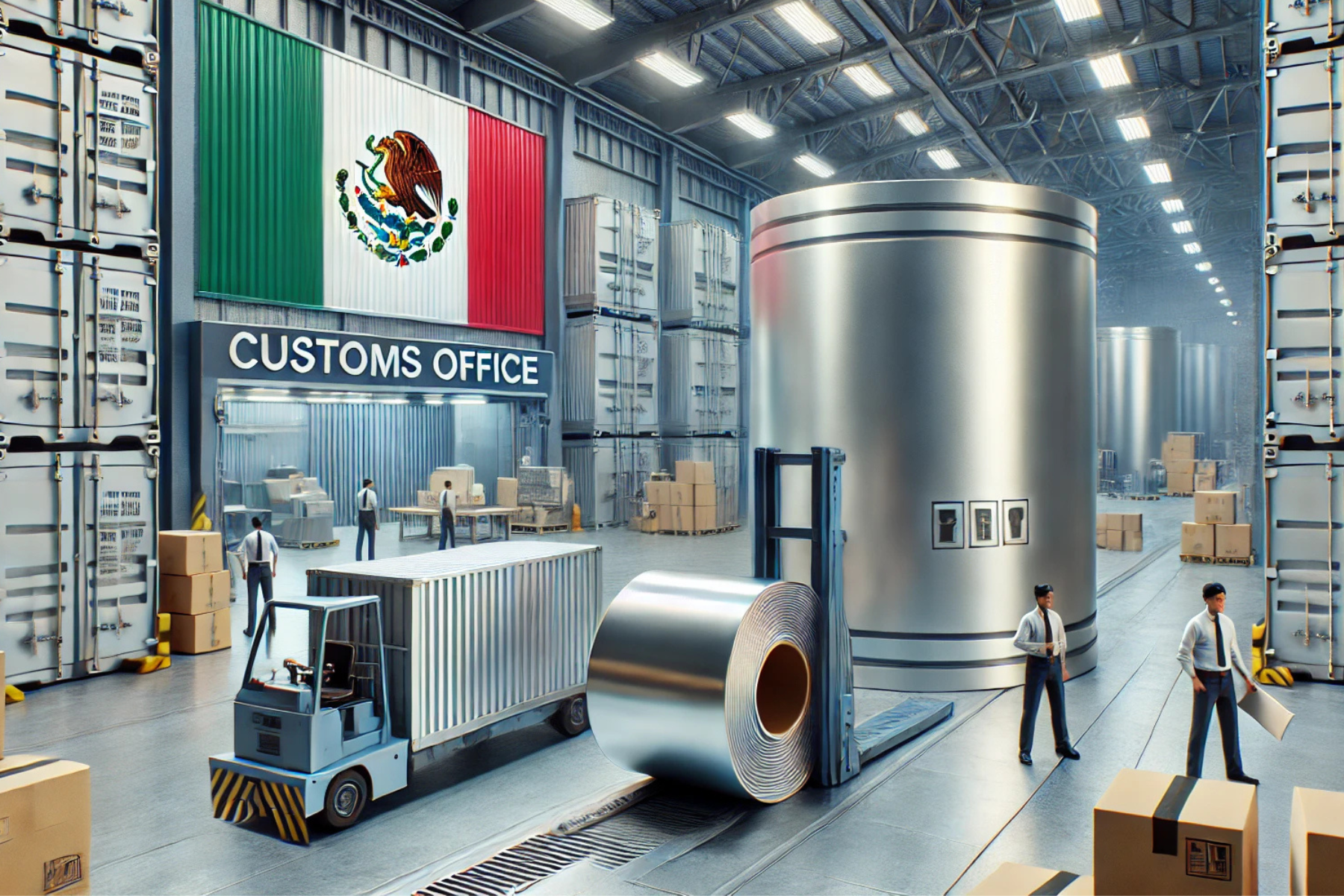 Imagen hiperrealista de un entorno comercial con trabajadores manejando bobinas de papel aluminio en un almacén, simbolizando el comercio internacional y las regulaciones de importación en México.