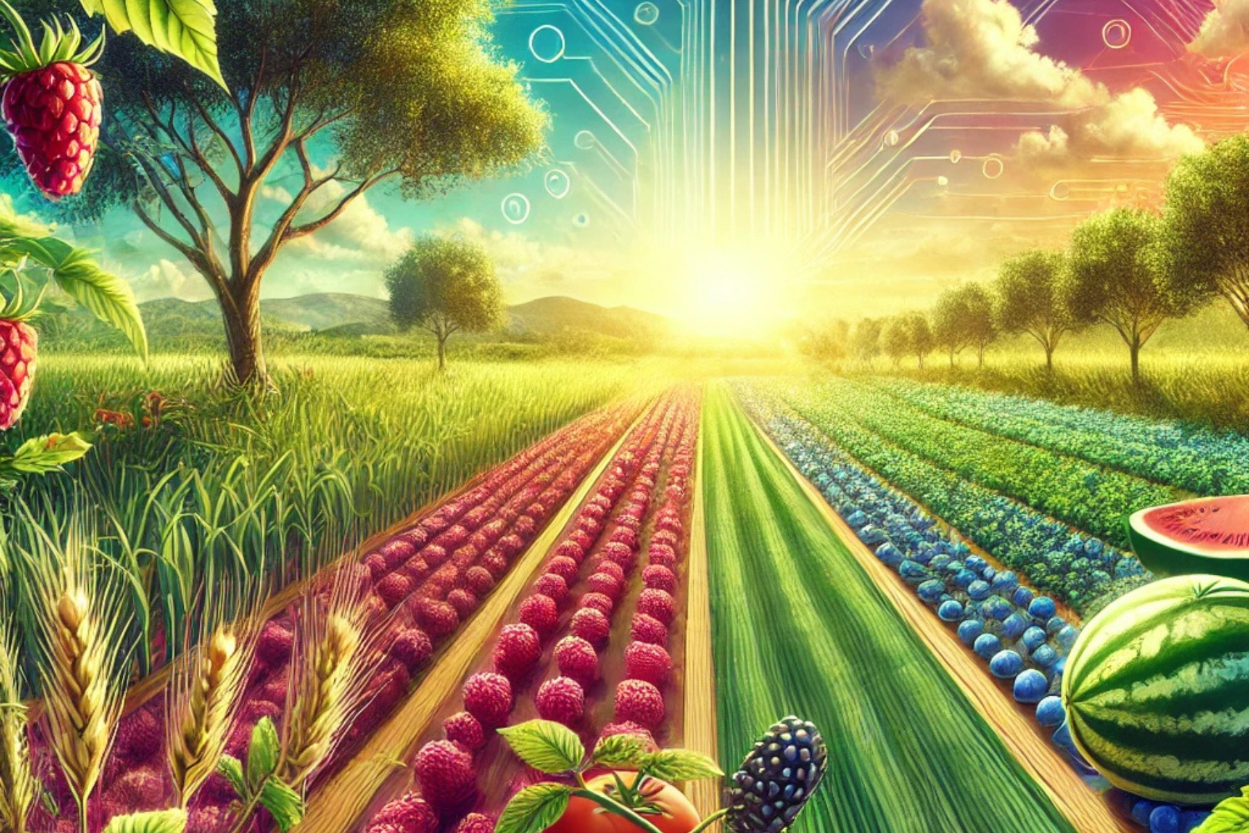 Ilustración digital de un campo agrícola que muestra cultivos de frambuesas, jitomates, zarzamoras, arándanos y sandías, representando la biodiversidad y la innovación en la agricultura mexicana.