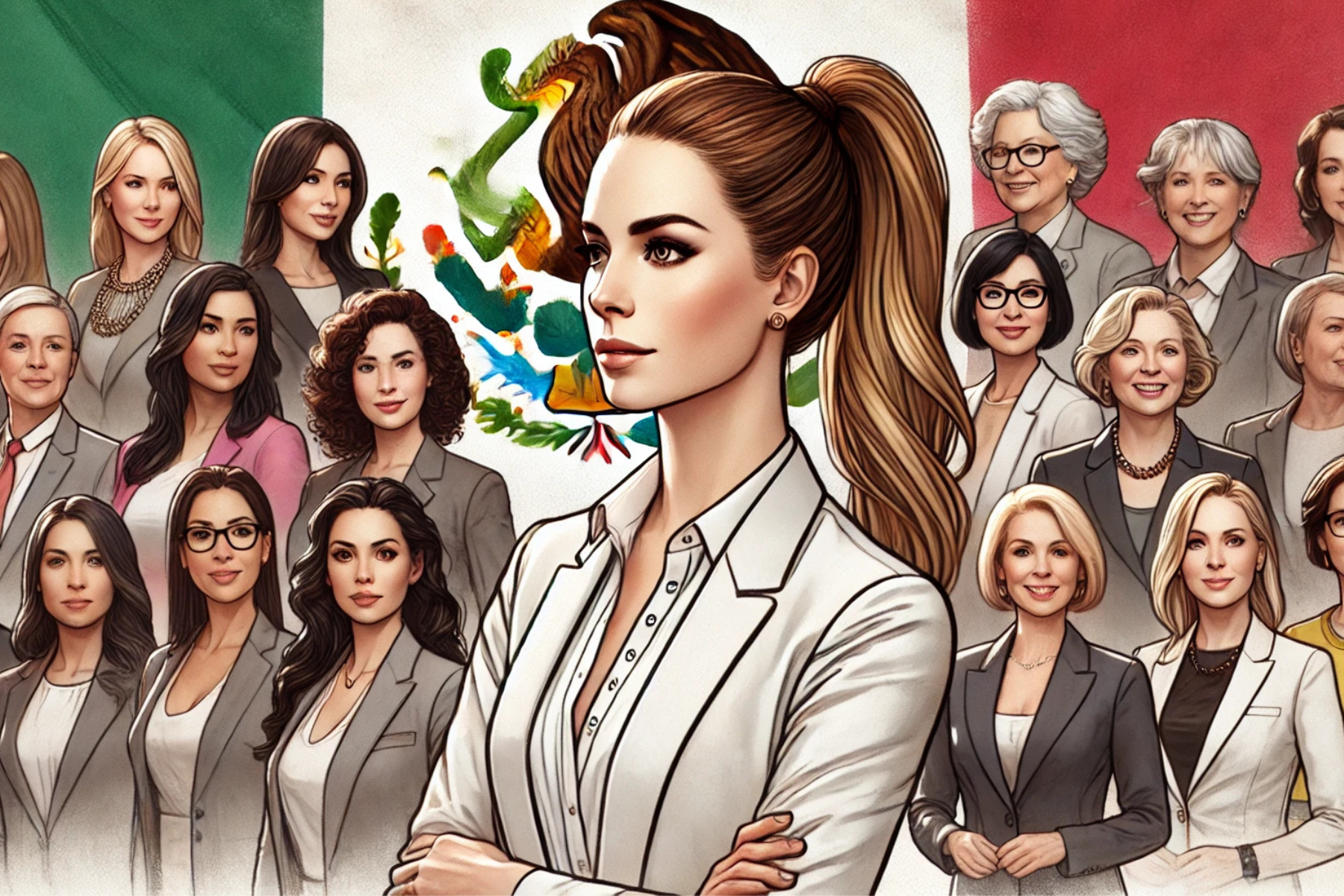 Claudia Sheinbaum junto a otras mujeres influyentes, destacando liderazgo global con el escudo mexicano en el fondo.