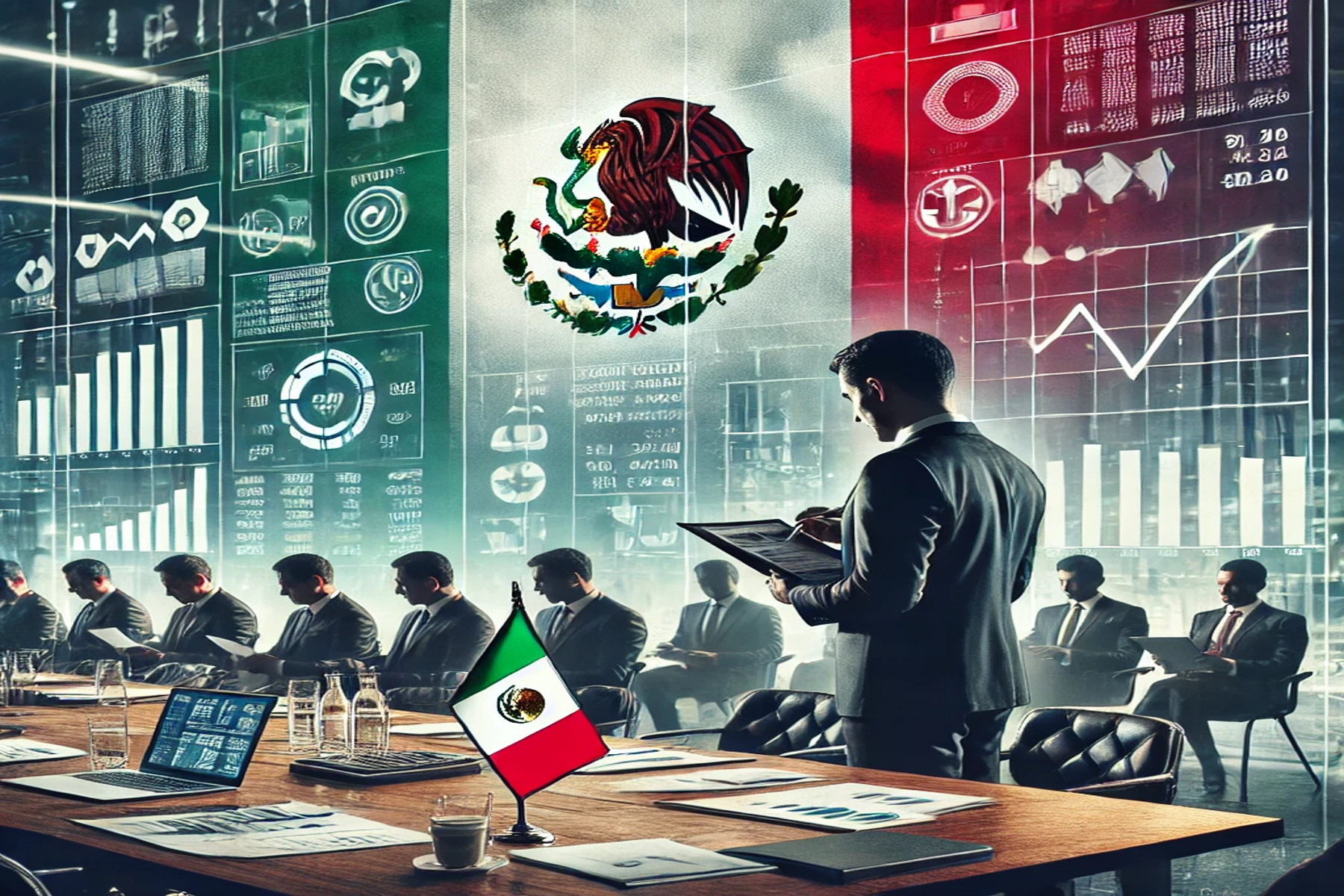 Ilustración profesional que representa operaciones financieras y estrategias de inversión en México.