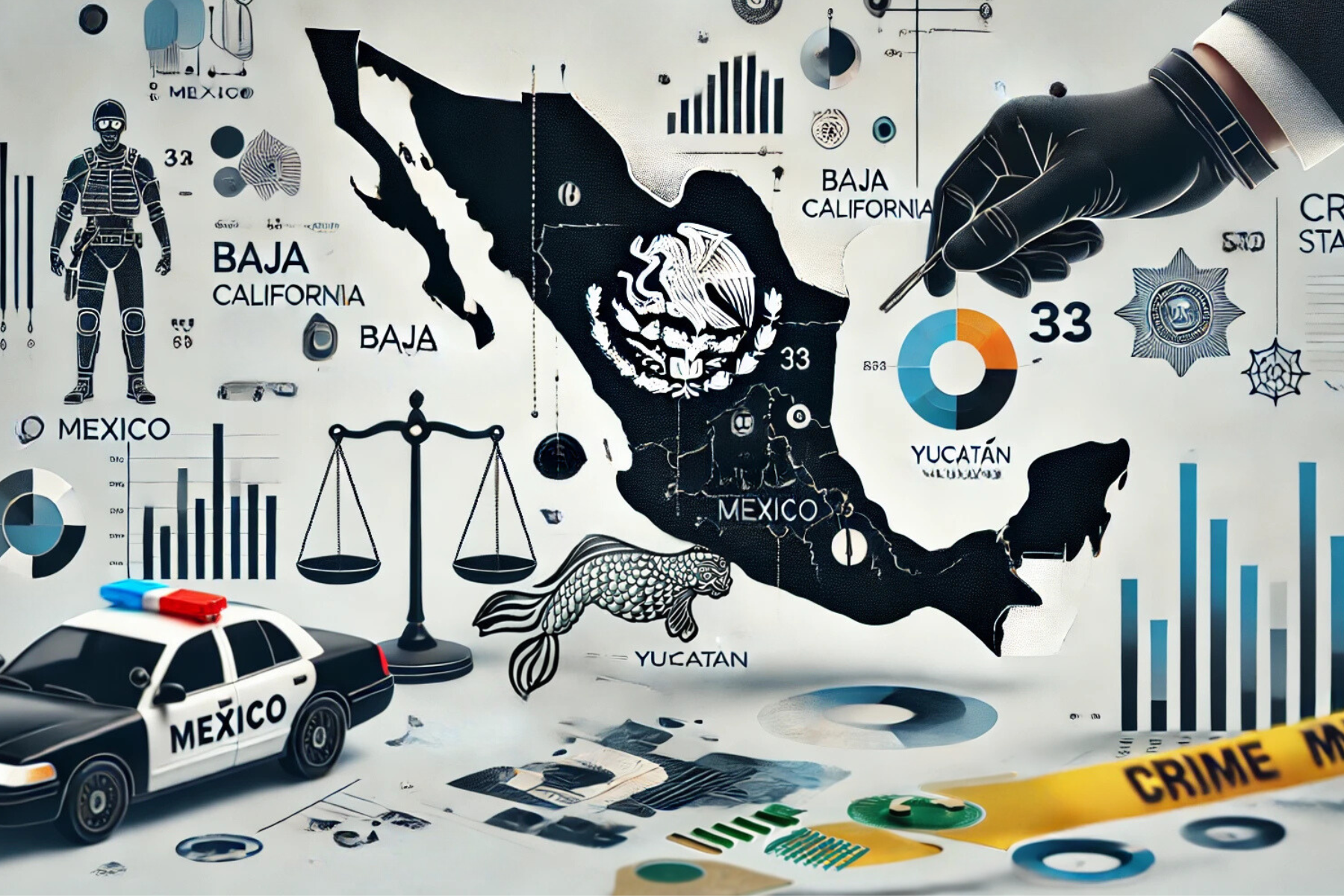 Ilustración simbólica de un mapa de México con elementos relacionados a la incidencia delictiva, como gráficos y representaciones abstractas de seguridad.