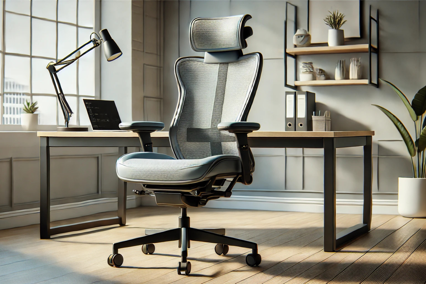 Silla ergonómica de oficina con soporte lumbar, reposabrazos ajustables y diseño cómodo en un entorno de trabajo moderno.