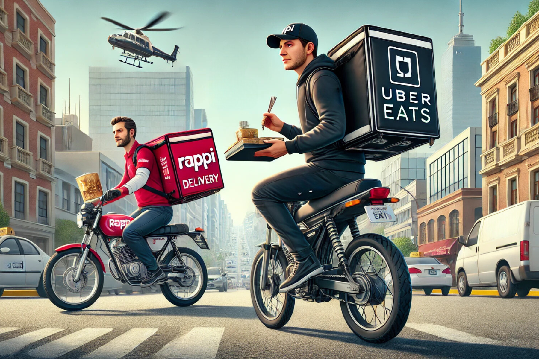 Repartidores de Uber Eats y Rappi en motocicletas entregando pedidos, ilustrando la reforma laboral en México que otorga beneficios a trabajadores de plataformas digitales.