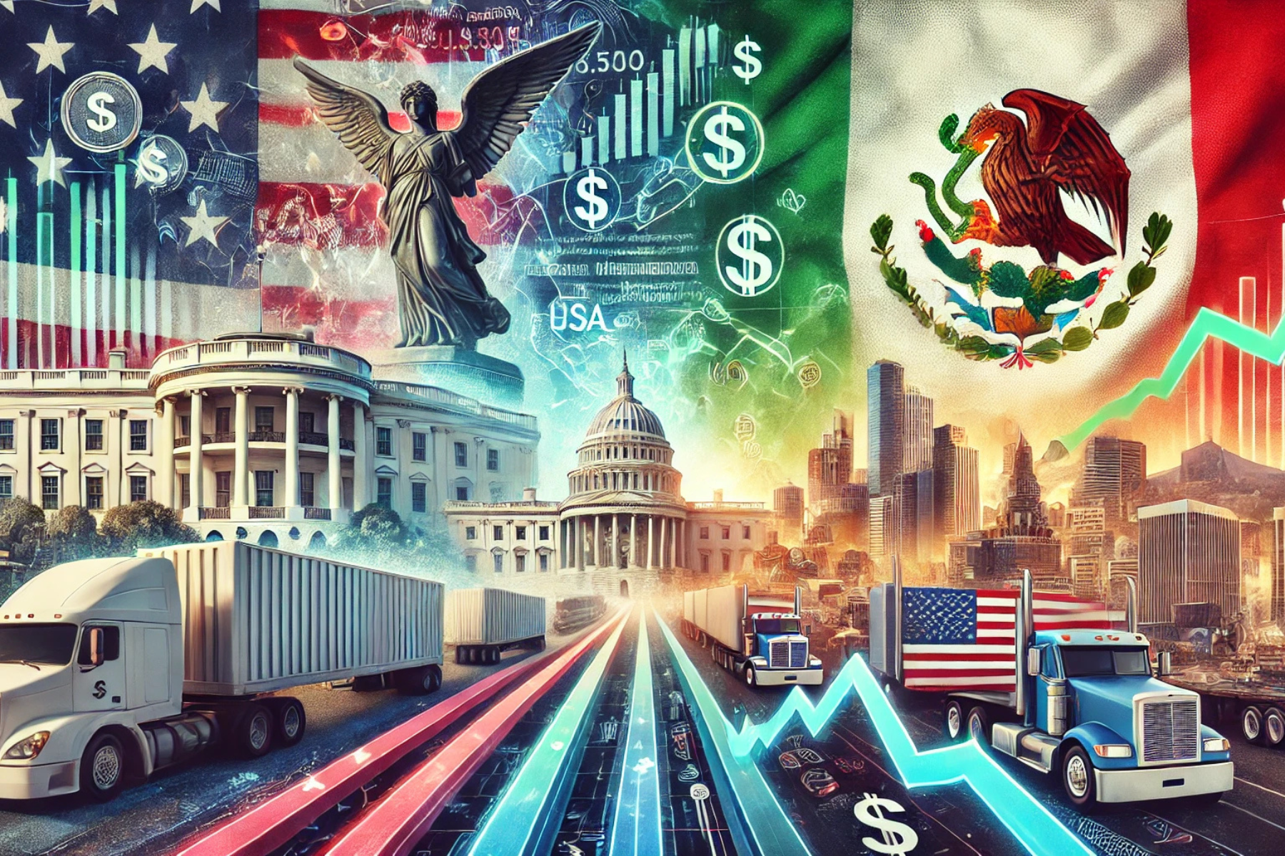 Collage del Capitolio de Estados Unidos con la bandera de México y camiones de carga, representando el comercio bilateral y las tensiones económicas.