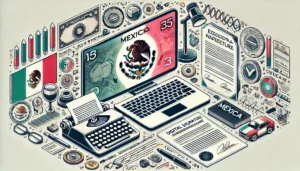 Imagen horizontal con billetes mexicanos, una computadora, documentos y un símbolo del escudo nacional de México, representando la modernización de los trámites fiscales con herramientas digitales en 2025.