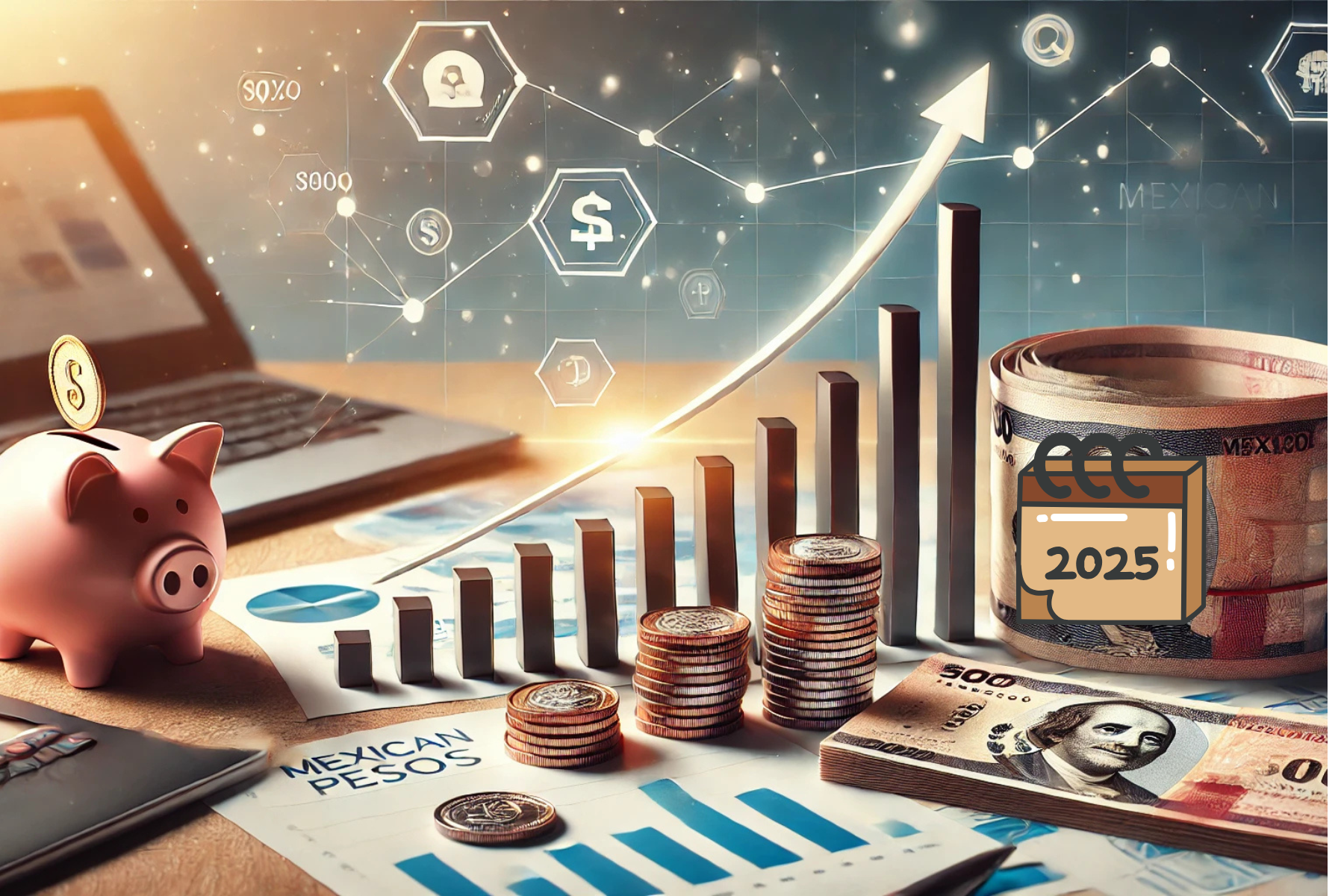 Imagen que muestra un gráfico ascendente con pesos mexicanos y el letrero "2025", representando el incremento salarial en México.