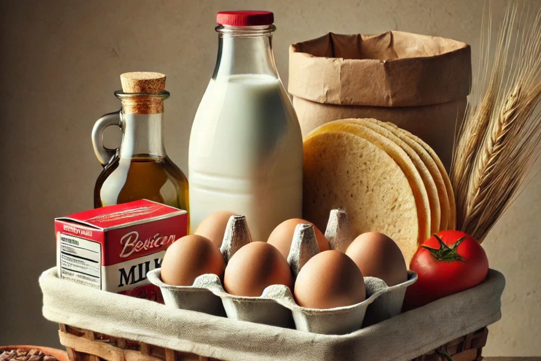 Imagen de una canasta básica mexicana que incluye leche, huevos, frijoles, aceite, jitomates y tortillas, reflejando los productos beneficiados por el decreto de exención arancelaria.