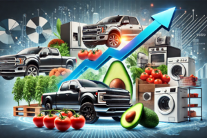 Collage representando el impacto de los aranceles en la industria automotriz, electrodomésticos y productos agrícolas como aguacates y tomates.