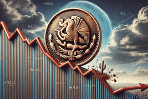 Moneda con el escudo nacional mexicano rodando cuesta abajo sobre un gráfico financiero, simbolizando la depreciación del peso frente al dólar.