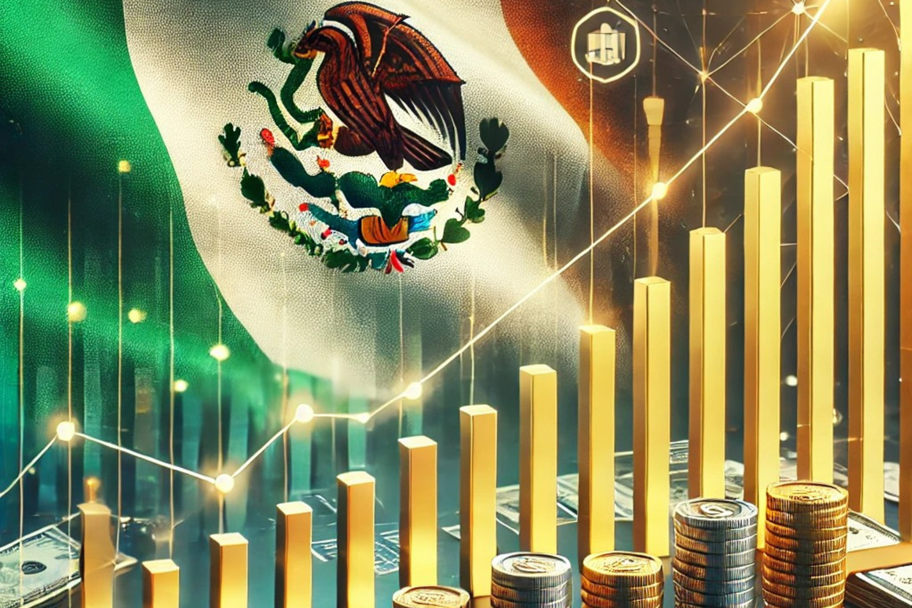 Representación visual del aumento en clientes y activos gestionados en fondos de inversión en México en 2024, destacando gráficas financieras y monedas.