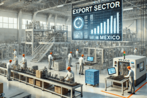 Fábrica moderna en México con maquinaria avanzada y trabajadores en actividades de capacitación, reflejando los cambios fiscales del SAT para el sector exportador y el impulso del «Plan México» 2025.