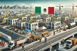 Representación de nuevos proyectos de construcción y desarrollo ferroviario en México, clave en la estrategia para recuperar empleos formales en 2025.