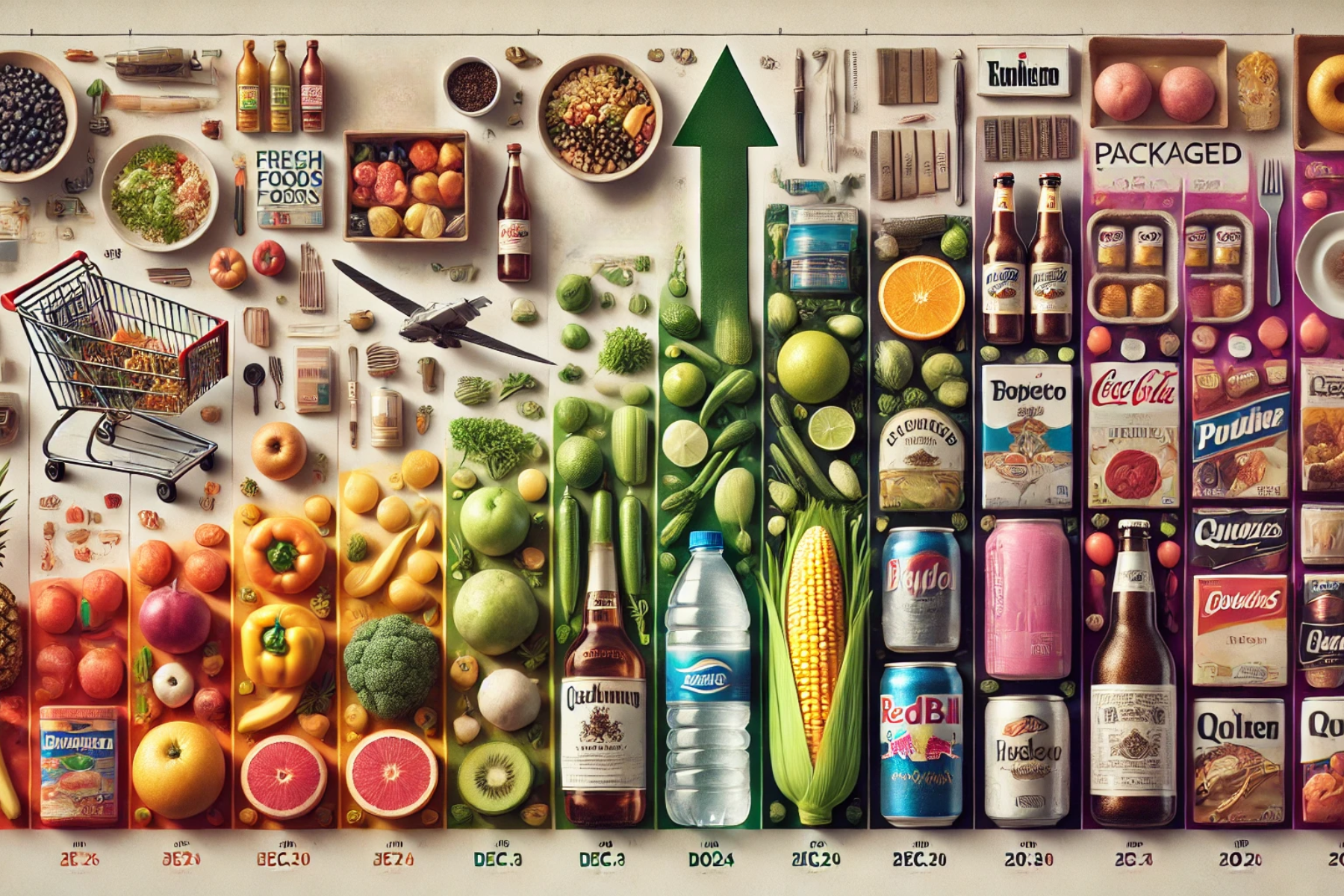 Collage horizontal de productos afectados por el aumento de precios en diciembre de 2024, incluyendo frutas, verduras, alimentos envasados, bebidas embotelladas y productos de tabaco, con elementos gráficos que reflejan la inflación.