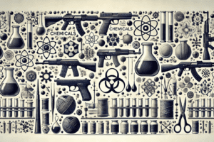 Imagen representativa de productos regulados en comercio exterior, incluyendo químicos, armas y textiles, mostrando un enfoque en la variedad de sectores involucrados.