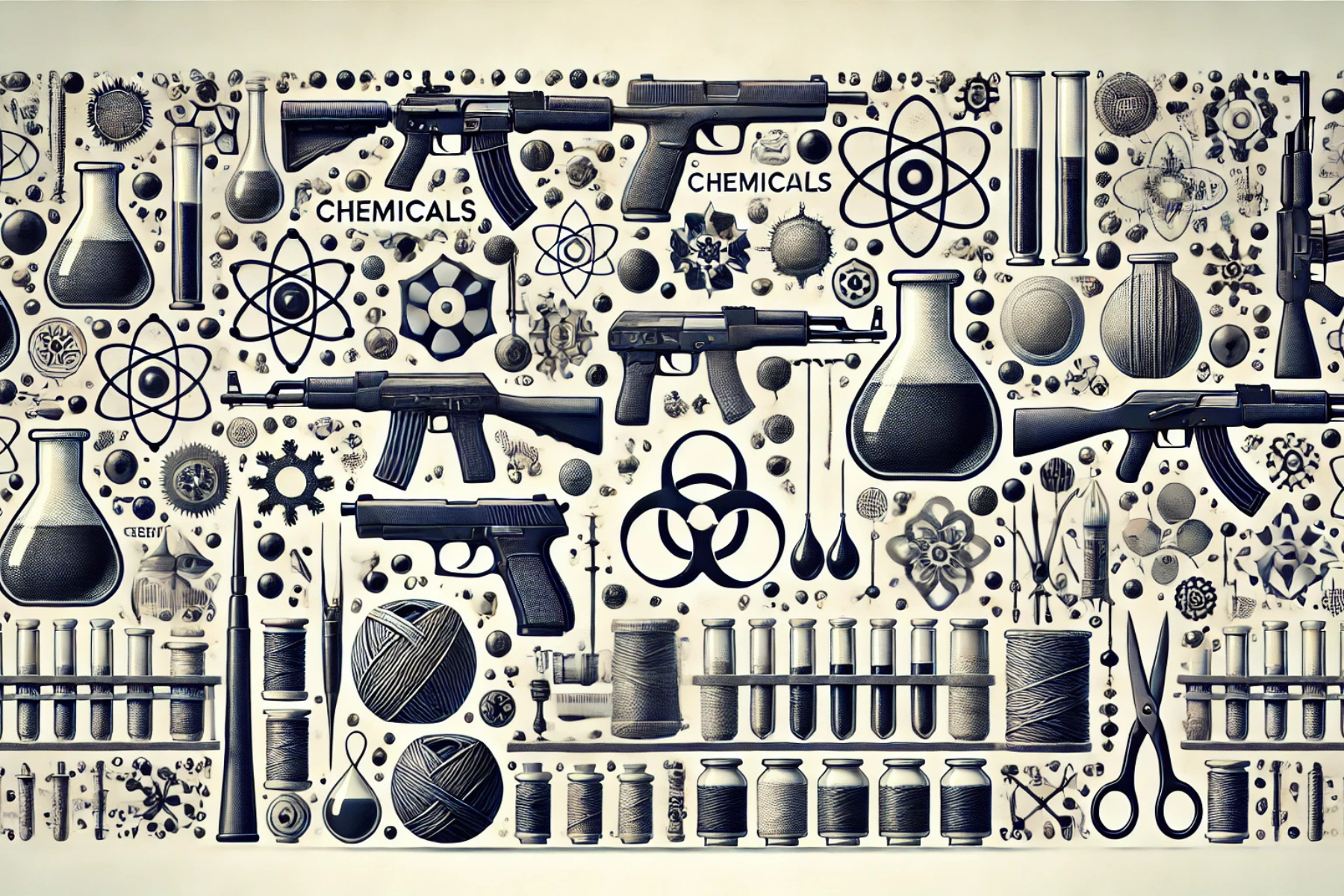 Imagen representativa de productos regulados en comercio exterior, incluyendo químicos, armas y textiles, mostrando un enfoque en la variedad de sectores involucrados.