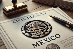 Imagen de actas oficiales mexicanas con el Escudo Nacional, representando documentos de registro civil emitidos por oficinas consulares.