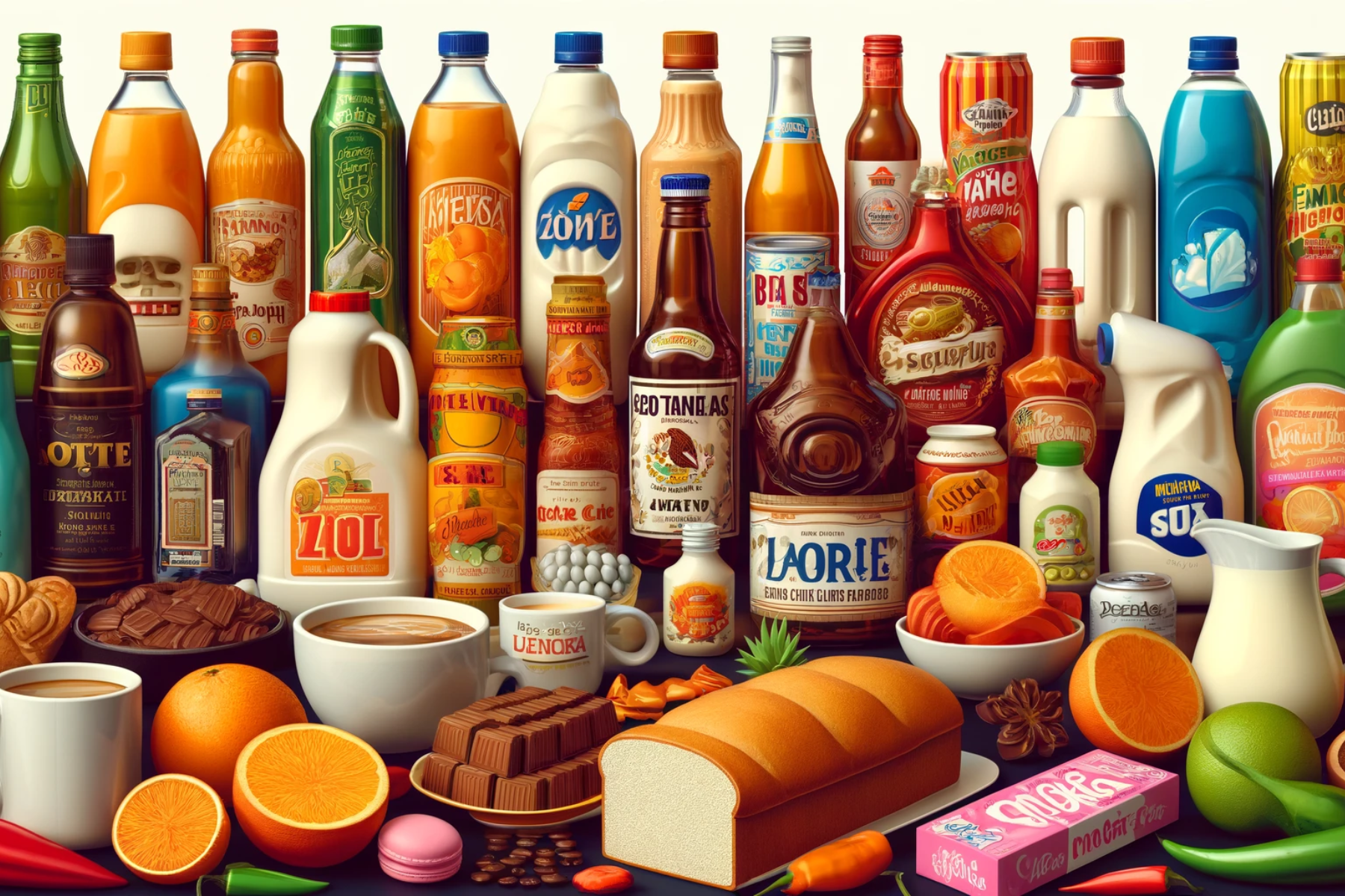 Collage con productos mexicanos representativos, incluyendo jugos, jabones, café, tequila, cerveza, detergente, mazapanes, pan de caja, leche, shampoo, refrescos de naranja, chiles, salsas, chocolate de tablilla y un supermercado.