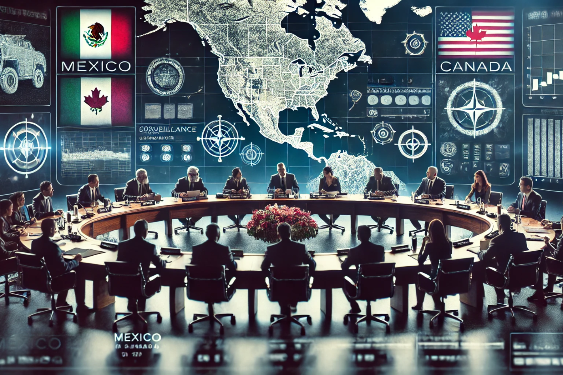 Líderes de México, Canadá y Estados Unidos reunidos en una mesa redonda discutiendo estrategias de seguridad y cooperación trilateral en el combate al crimen organizado.