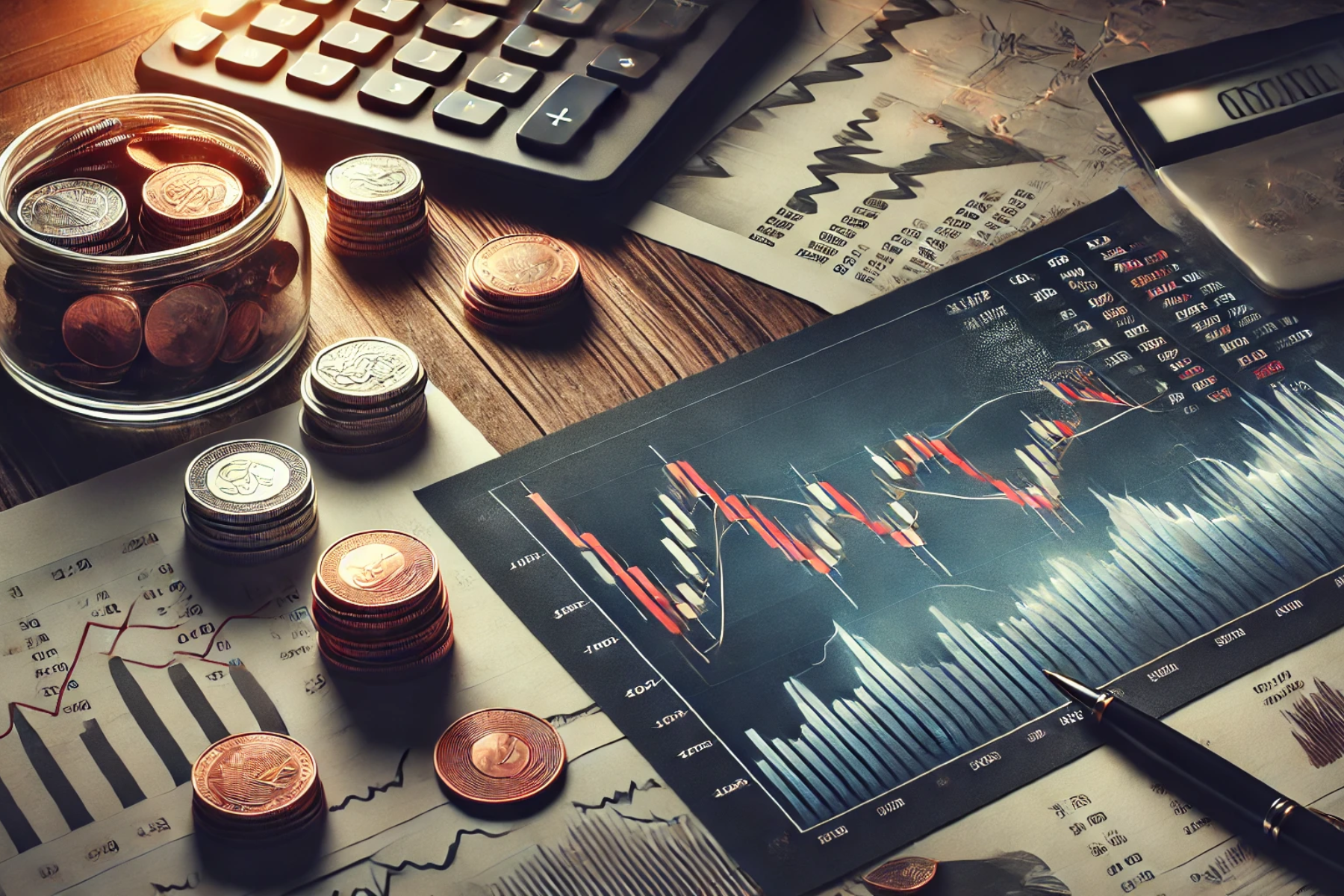 Gráficos financieros con tendencia descendente, documentos y monedas representando la baja en los rendimientos de los Cetes.