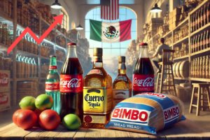 Botellas de Coca-Cola, tequila Cuervo y pan Bimbo sobre una mesa, con un fondo de mercado y banderas de México y EE.UU., representando la incertidumbre comercial por los aranceles a productos mexicanos.