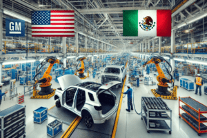 Fábrica de automóviles en plena producción con las banderas de México y Estados Unidos en el fondo, representando la estrategia de General Motors ante los nuevos aranceles.