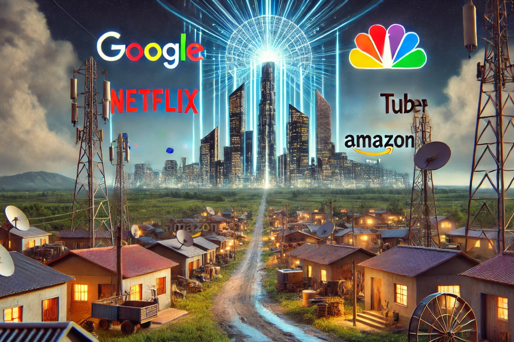 Imagen que muestra los logotipos de Netflix, Google, YouTube, Amazon y Mercado Libre en primer plano, con un contraste entre una ciudad con acceso a internet y una zona rural sin conectividad, representando la brecha digital y la nueva regulación propuesta en México.