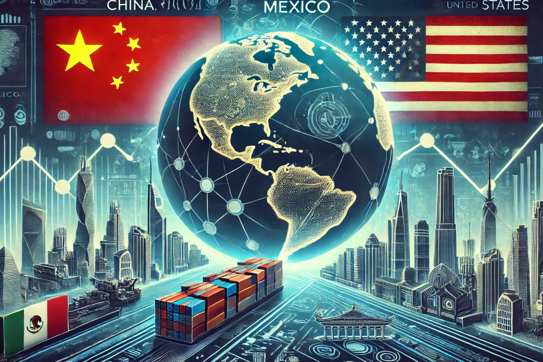 Ilustración conceptual que representa la interconexión económica entre China, México y Estados Unidos, destacando las tensiones geopolíticas y comerciales en 2025.