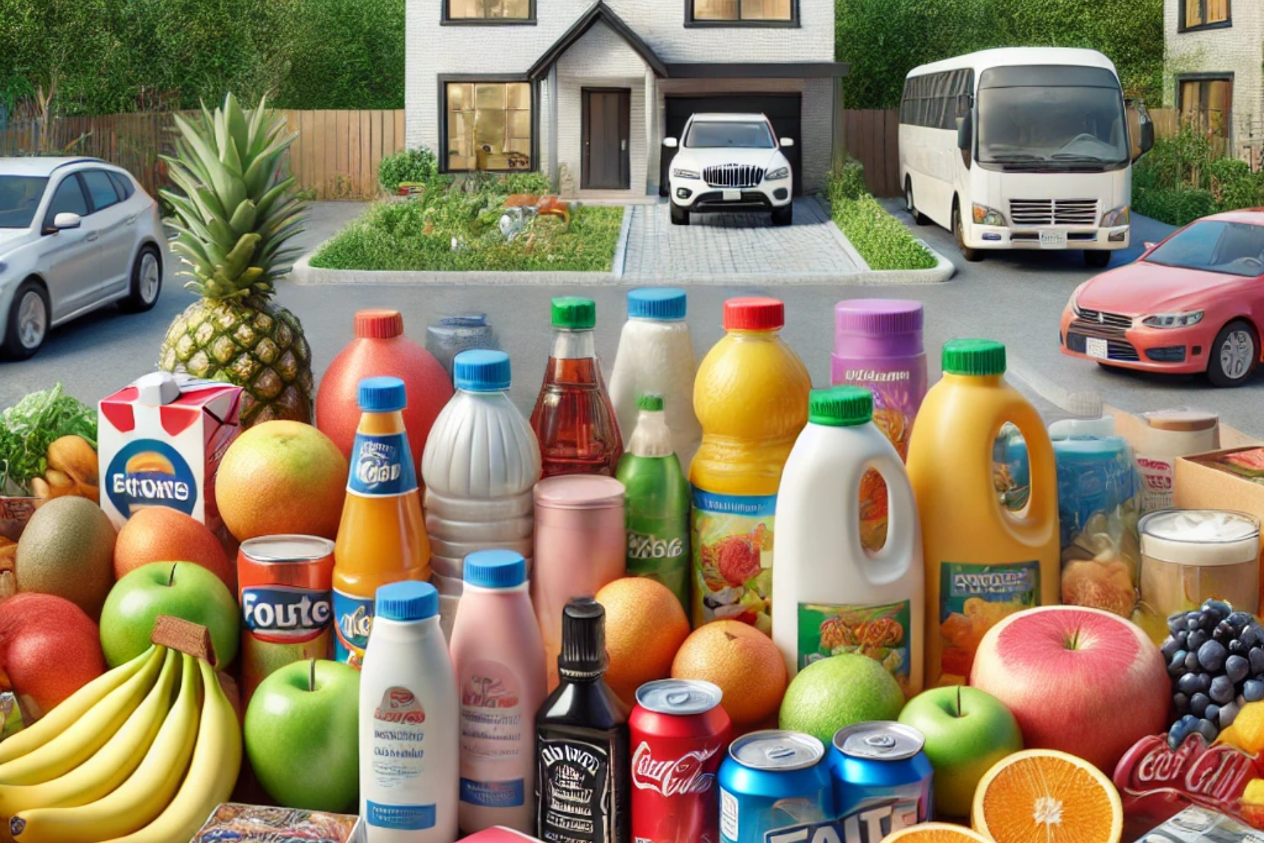 Imagen realista con diversos productos de consumo como alimentos, bebidas, tabaco, productos de salud, cremas, jabones, viviendas y transporte, representando el Índice Nacional de Precios al Consumidor (INPC).