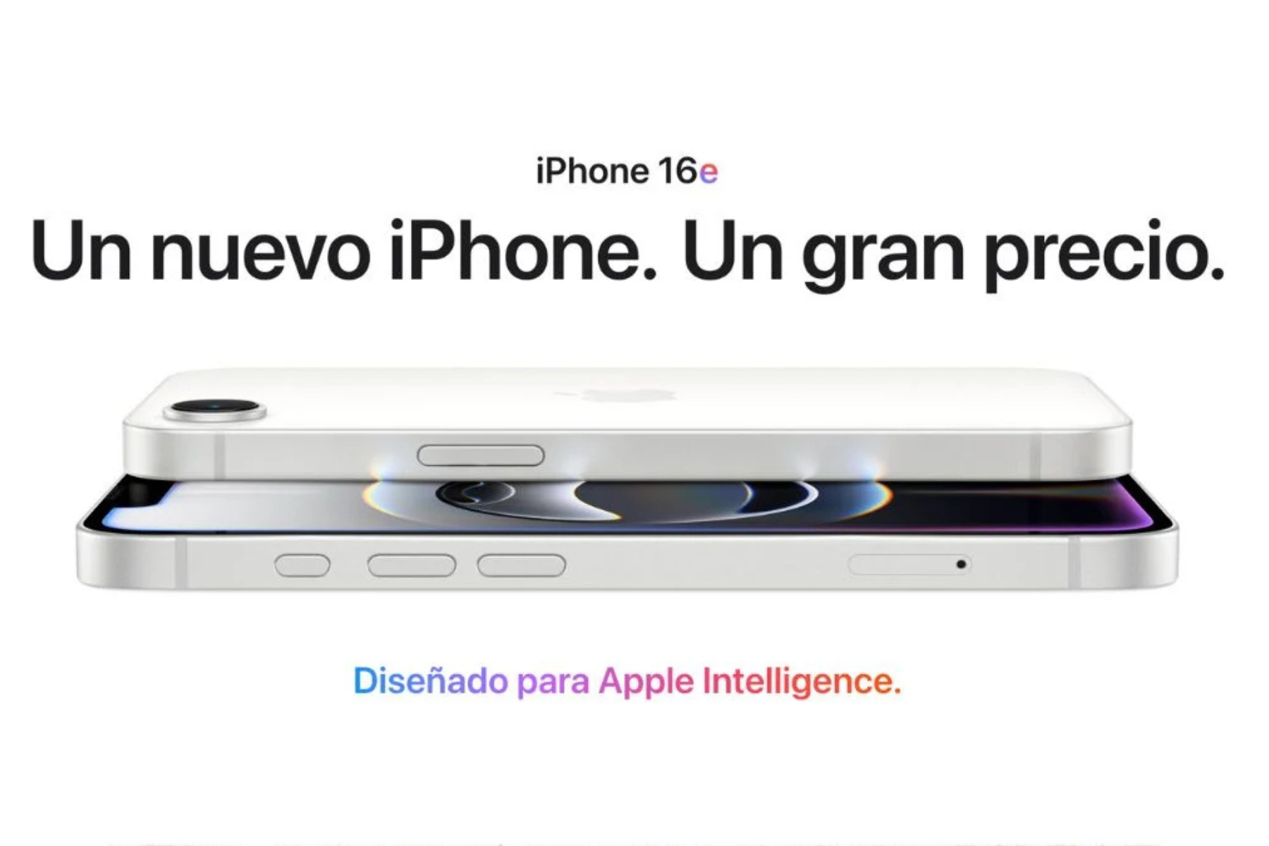 Imagen del nuevo iPhone 16e en colores mate negro y blanco, mostrando su diseño elegante y características avanzadas como Apple Intelligence y cámara Fusion de 48 MP.