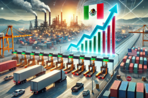 Imagen realista de un cruce fronterizo entre México y Estados Unidos con camiones transportando mercancía. En el fondo, fábricas y plantas industriales representan el nearshoring, mientras un gráfico con flechas ascendentes simboliza el aumento de aranceles y su impacto en la economía.