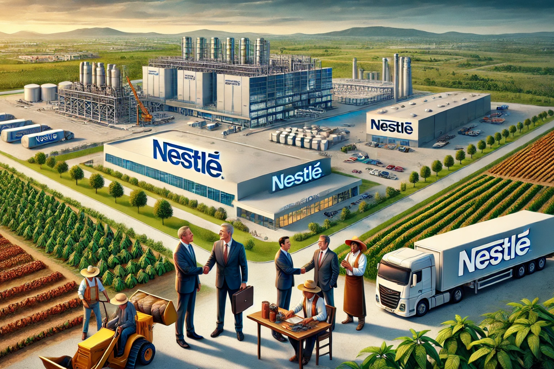 Campo agrícola con presencia de Nestlé y un camión en primer plano.