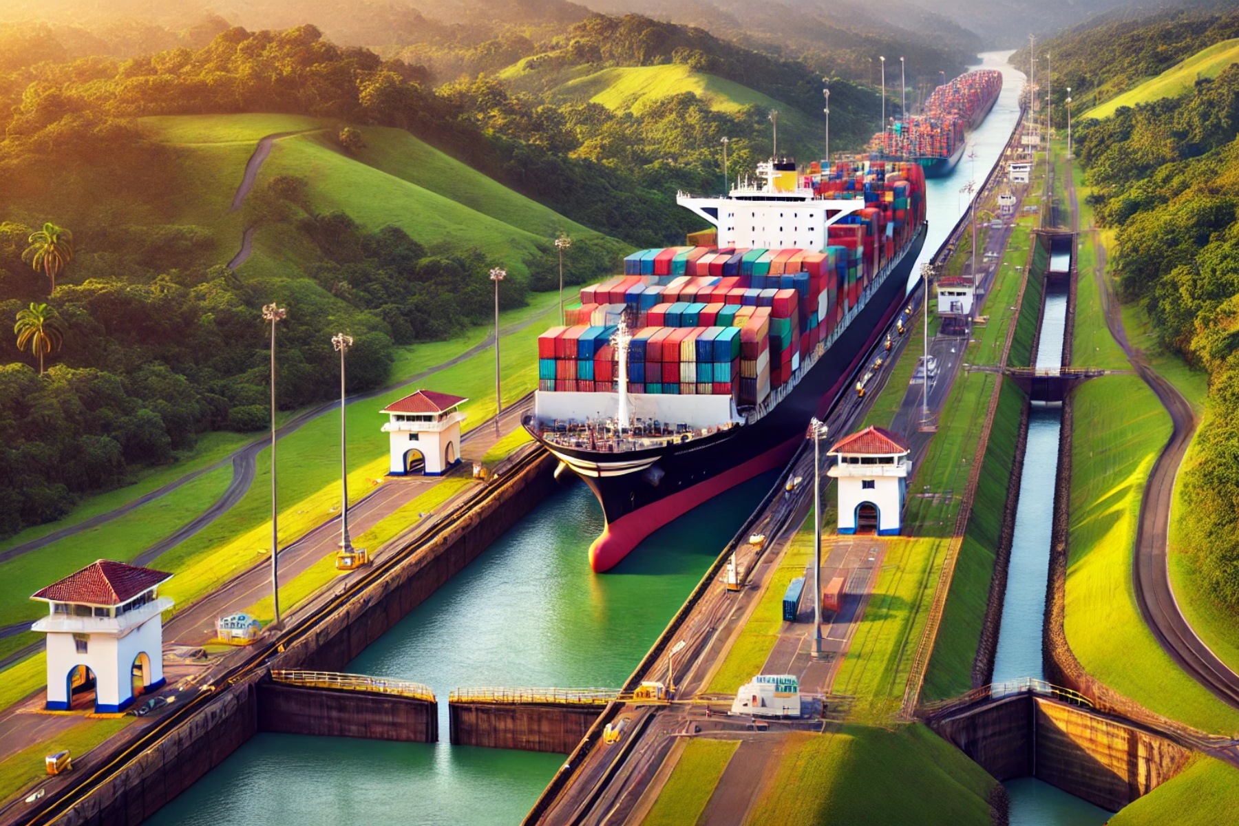 Imagen del Canal de Panamá con barcos de carga transportando mercancía a través de sus esclusas.