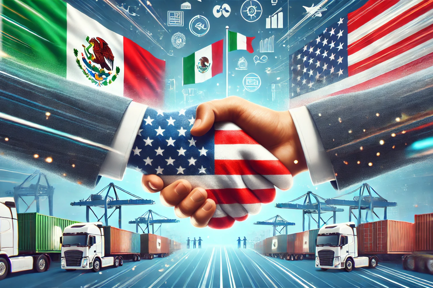 Apretón de manos entre representantes de México y Estados Unidos, con las banderas de ambos países al fondo y contenedores de comercio internacional.