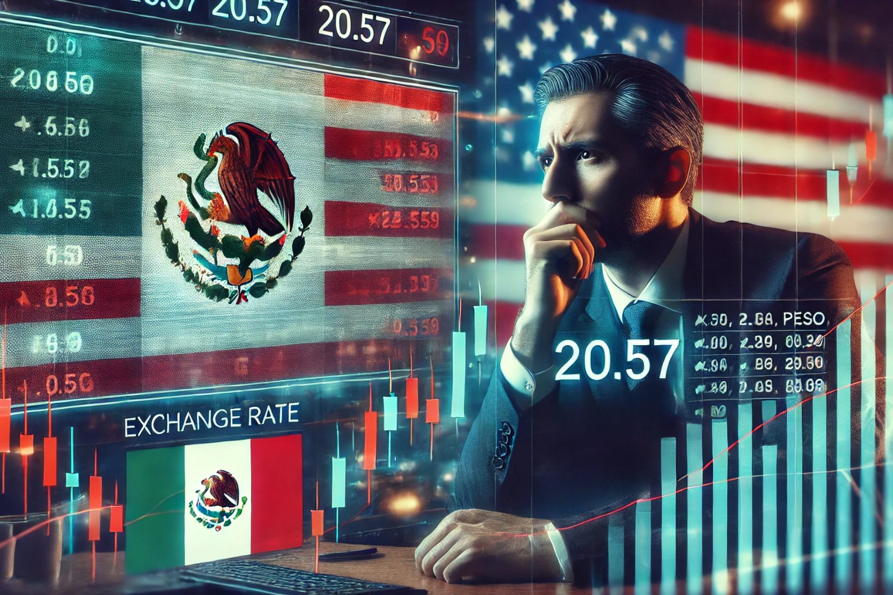 Pantalla digital de mercado con el tipo de cambio del peso frente al dólar, gráficos financieros y un inversionista preocupado.