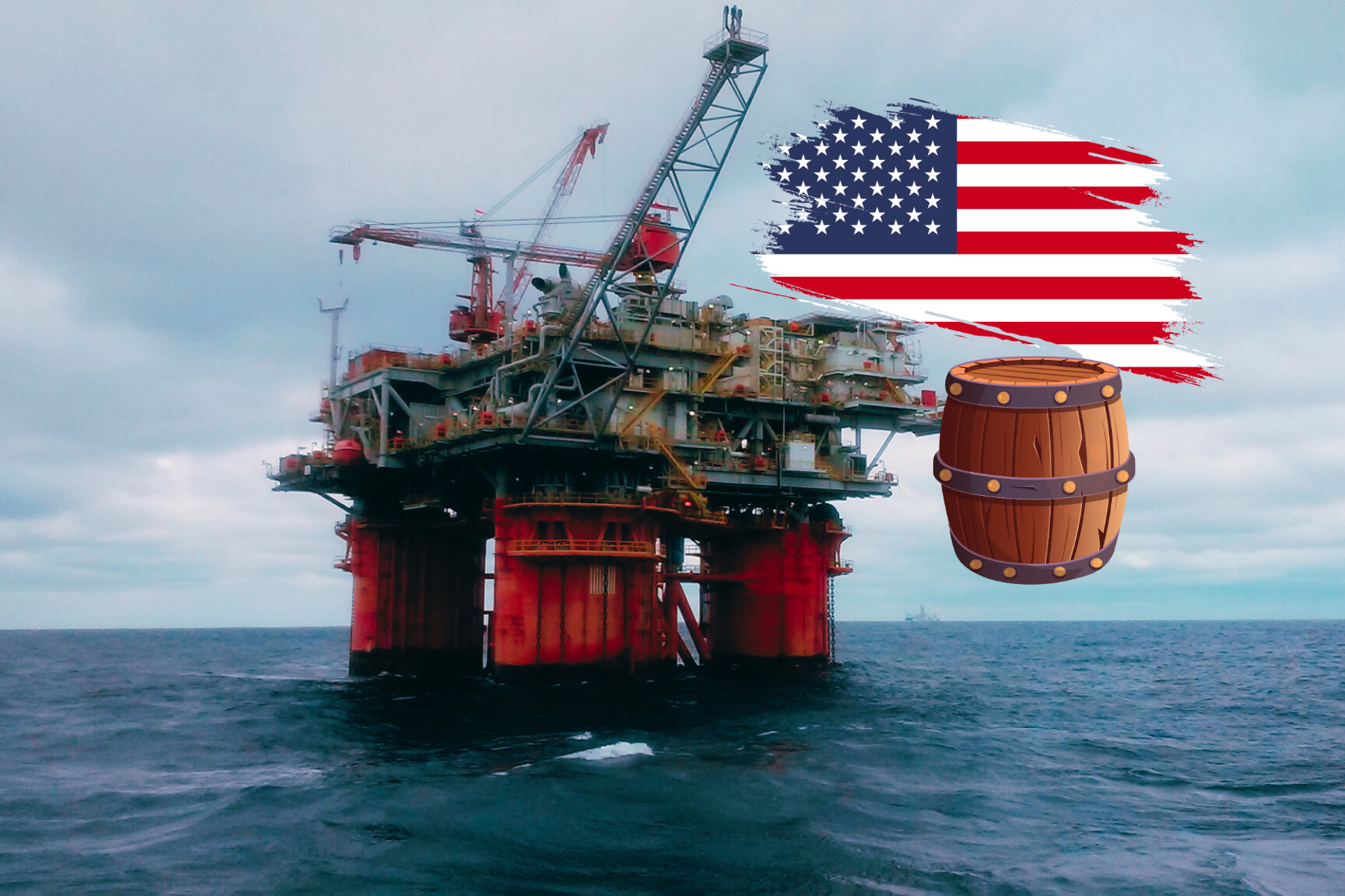 Imagen de una base petrolera con la bandera de Estados Unidos ondeando y un barril de petróleo en primer plano.