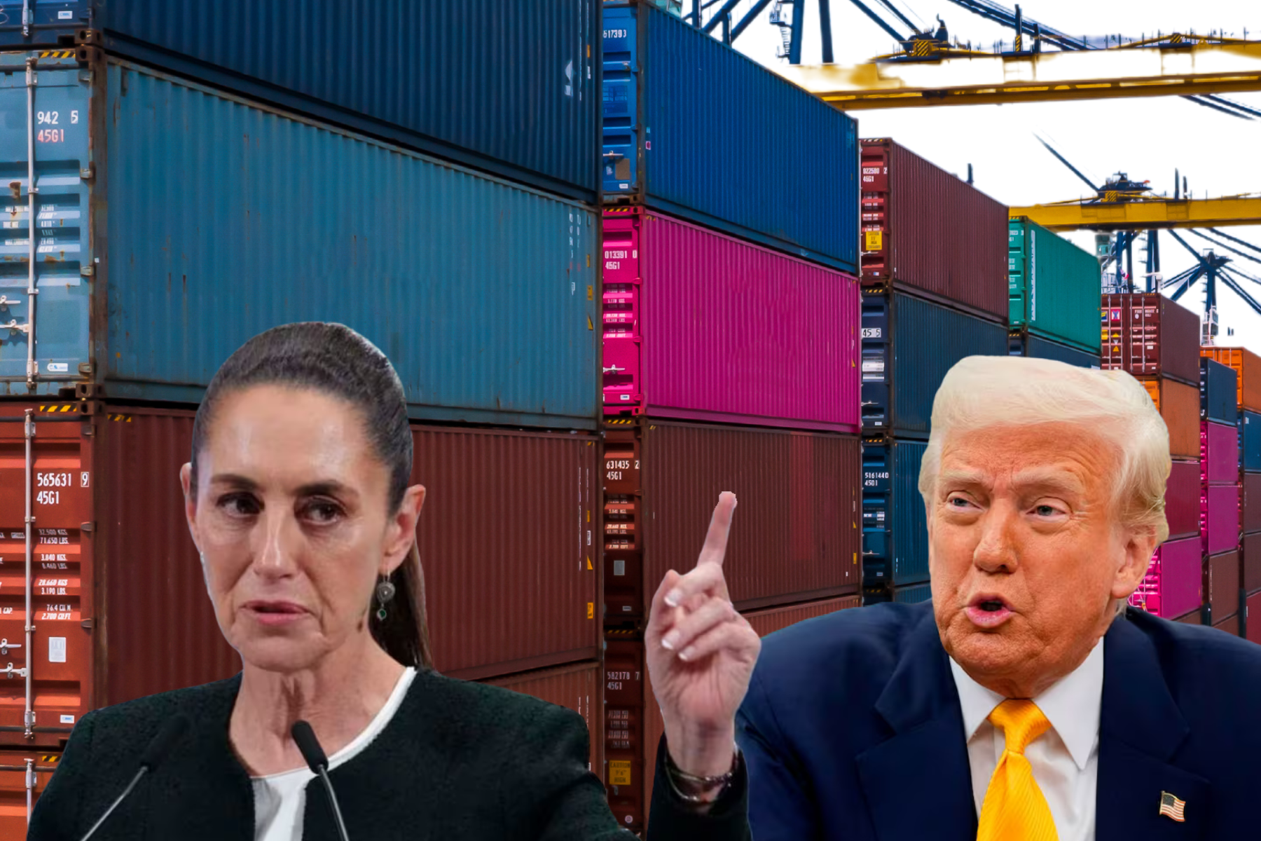 La presidenta Claudia Sheinbaum y Donald Trump estrechan manos con cajas de mercancías importadas de fondo.