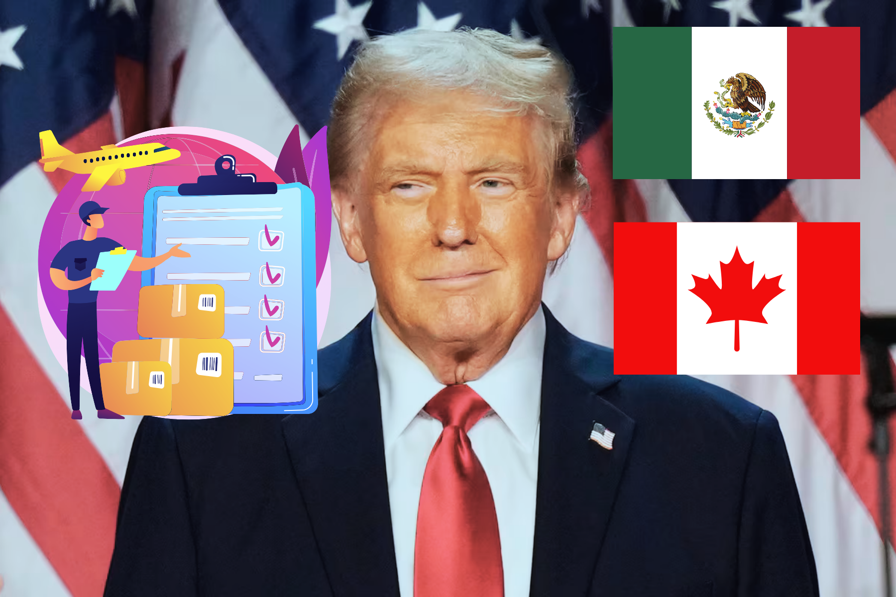 Donald Trump con icono de aranceles, representando la imposición de tarifas comerciales a México y Canadá." "Bandera de México ondeando, simbolizando la respuesta firme del país ante los aranceles estadounidenses." "Bandera de Canadá, reflejando la coordinación entre México y Canadá frente a las medidas de Trump."