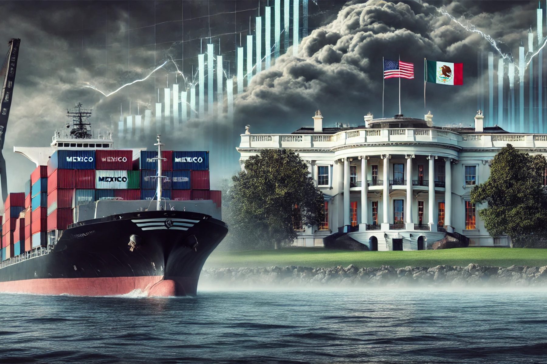 Ilustración de un carguero con contenedores de México y Canadá acercándose a un puerto estadounidense bajo un cielo tormentoso, con la Casa Blanca en el fondo y gráficos financieros representando la incertidumbre comercial.