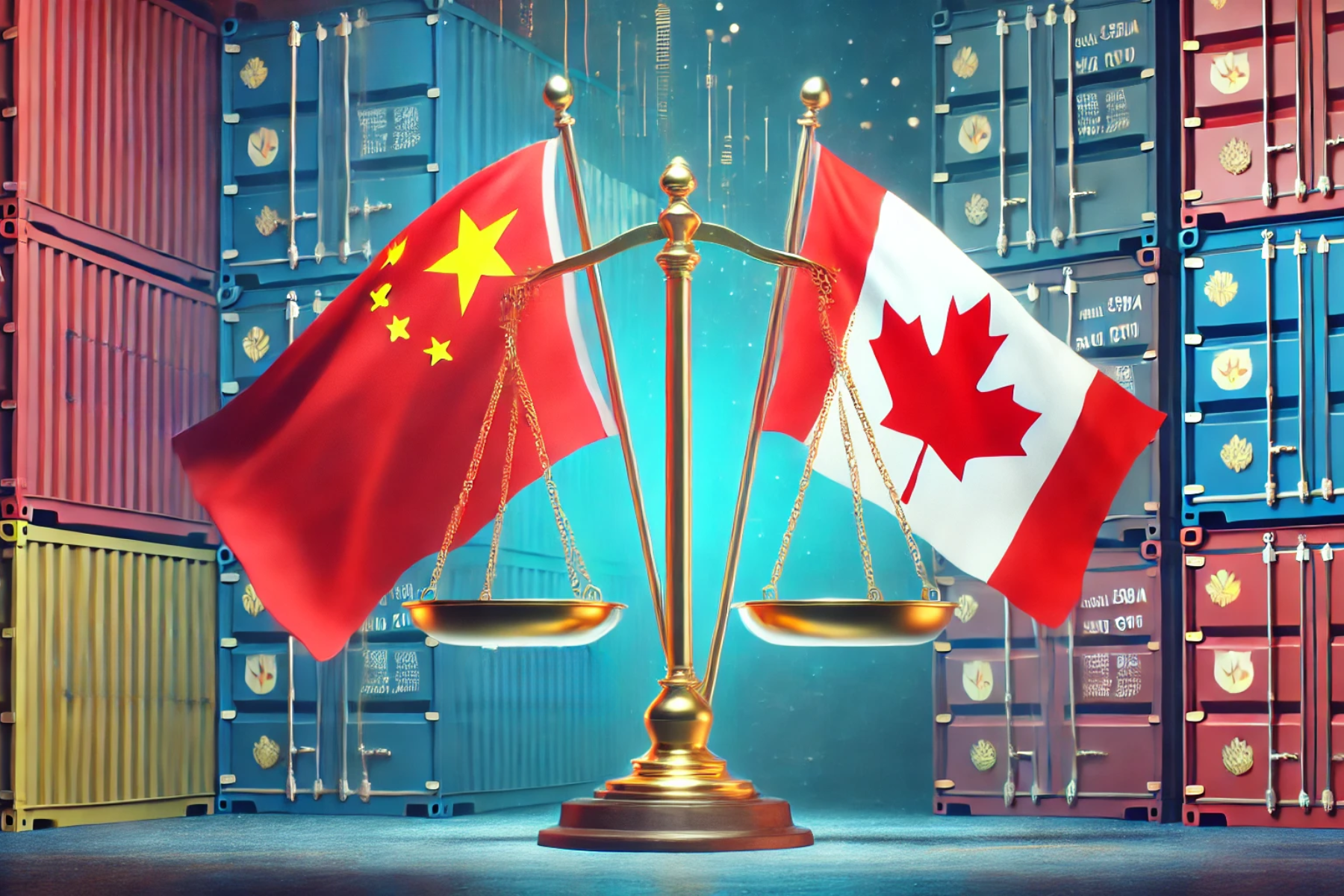 Ilustración digital de las banderas de China y Canadá ondeando con un fondo de contenedores de carga y una balanza representando los aranceles comerciales entre ambos países.