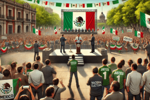 Candidatos del Poder Judicial hablan ante ciudadanos en una plaza pública con banderas de México y carteles de campaña.